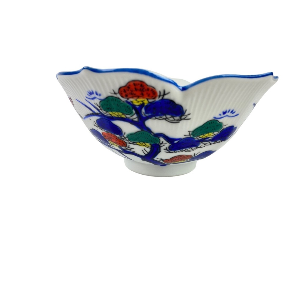 Oriental Round Ceramic Bowl White w/ Multi-Color Design